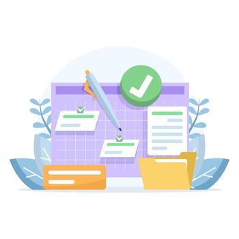 Flat illustration of schedule planning and task management. Filling out checklists, organizing calendar events, and planning work responsibilities for business and organizational productivity. vector
