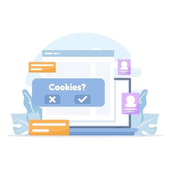 Flat illustration of browser cookies concept. Users can accept or reject cookies as part of website services. Small data stored on devices by web browsers for personalization and tracking. vector