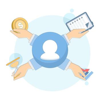 Illustration of a skilled professional with multitasking abilities, managing different responsibilities at once. Concept of a busy worker who can handle many tasks and perform various jobs efficiently vector