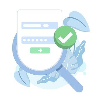 Flat illustration of correct password verification with magnifying glass. Concept of personal data protection, user authentication, account sign-in, and secure online authorization. vector