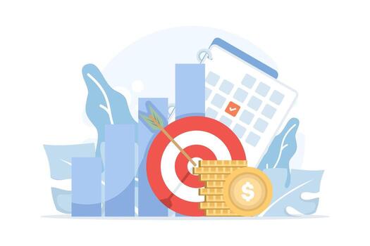Flat design showing achievement and goal setting. Illustration of dartboard, rising chart, coins, and calendar as symbols of exceeding targets, business growth, and strategic success. vector