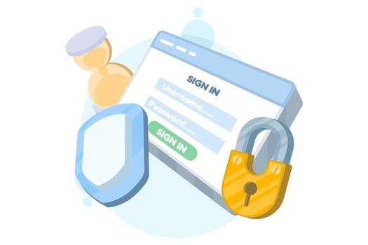 Flat illustration of secure login concept. Username and password protection with padlock and shield icons, representing safe computer access and cybersecurity measures. vector