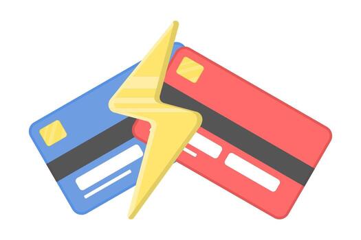 plano ilustración de un pago tarjeta con un relámpago símbolo, simbolizando rápido y seguro financiero actas, instante digital bancario, tecnología financiera, en línea pagos y electrónico dinero conceptos. vector