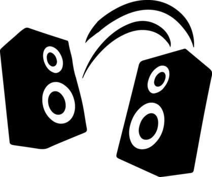 Two black speaker boxes with sound waves emanating isolated on white background silhouette vector