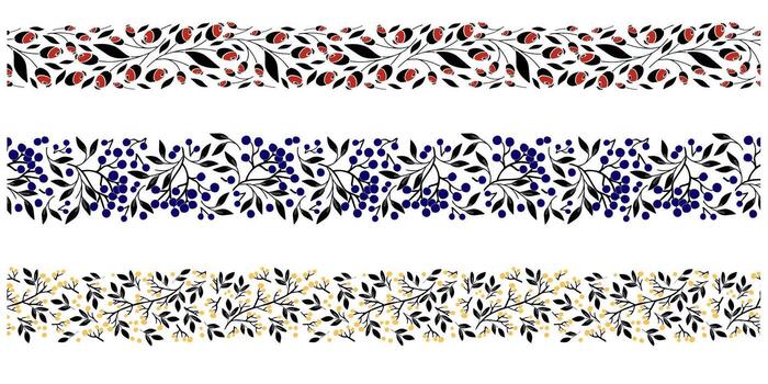 sin costura botánico fronteras con rosa mosqueta, serbal bayas y amarillo sucursales. decorativo naturaleza conjunto en rojo, azul y amarillo para diseño, embalaje, tela y estacional patrones. vector