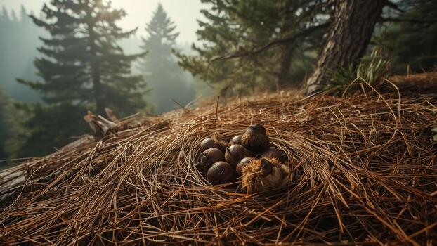 Nest with eggs resting on pine needles in a serene forest, surrounded by tall trees and mist photo