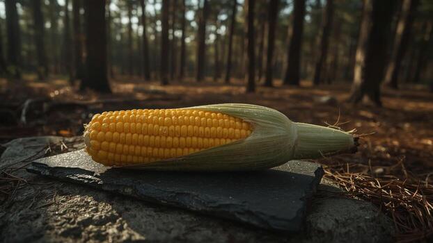 Fresh corn cob resting on a stone slab in a serene forest setting with tall trees and soft sunlight photo