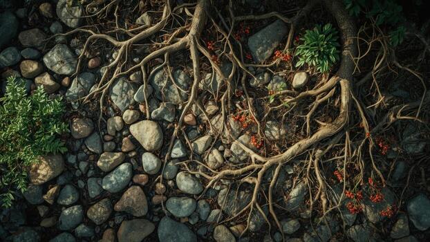 Aerial view of tree roots intertwining with colorful stones and pebbles in a natural setting photo