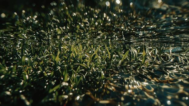 Underwater view of shimmering grass blades swaying gently in a sunlit pond, creating a mesmerizing effect photo
