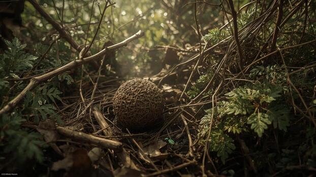 Close-up view of a textured spherical object nestled among foliage and twigs in a serene forest setting photo