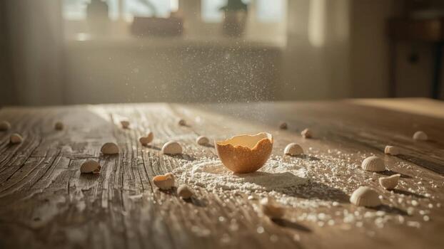 Broken eggshell on a wooden table with flour and scattered shells, illuminated by soft sunlight photo