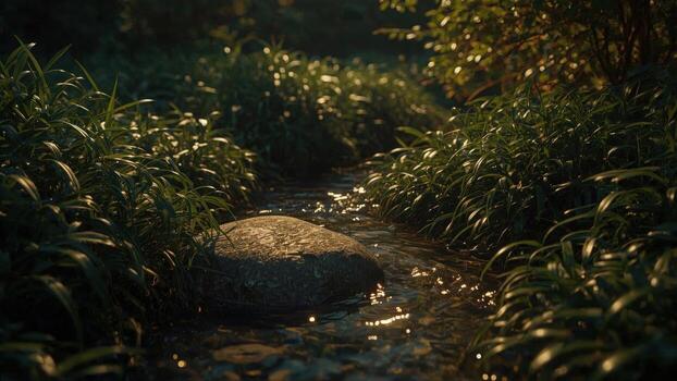 Serene stream flowing through lush green grass with sunlight filtering through trees in background photo