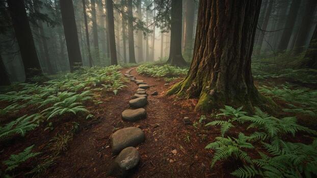 Serene forest path winding through lush greenery, with misty trees creating a tranquil atmosphere photo