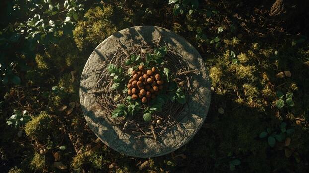 A serene bird's nest crafted from twigs and leaves, resting on a stone in a lush forest setting photo
