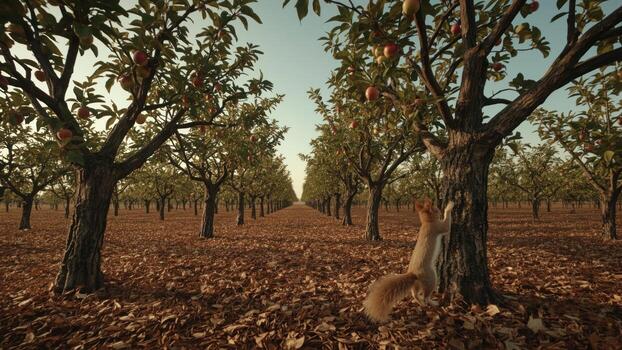 Squirrel Climbing an Apple Tree in a Lush Orchard with Rows of Trees and Fallen Leaves photo