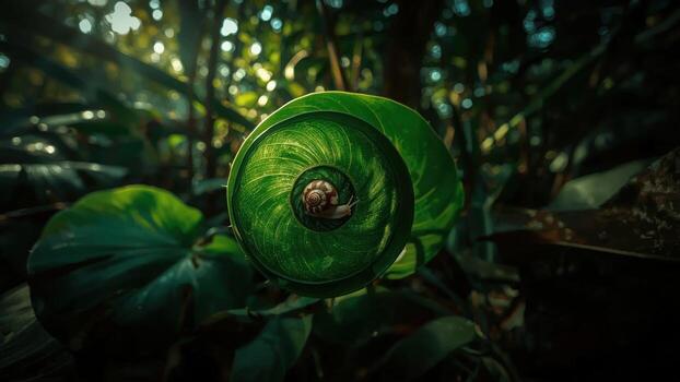 Close-up of a vibrant green spiral plant with a snail resting on it, surrounded by lush foliage in a forest setting photo