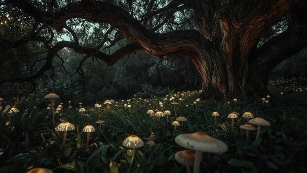 A serene forest scene featuring glowing mushrooms under an ancient tree at dusk, creating a mystical atmosphere photo