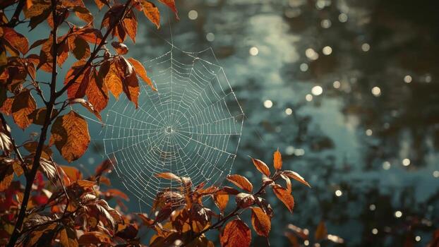 A spider web is seen in front of a tree photo
