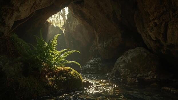 Serene cave with sunlight filtering through, illuminating ferns and a tranquil stream below photo