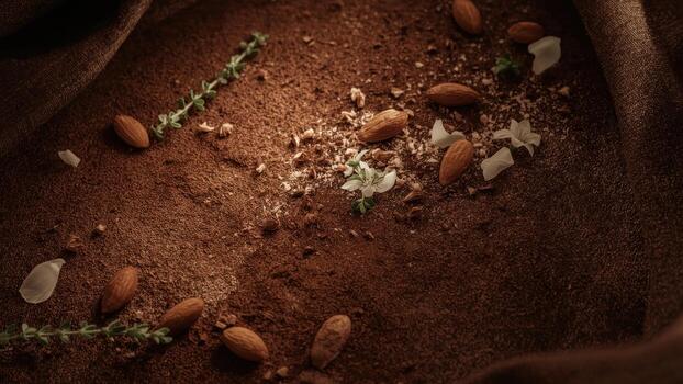 de cerca de Almendras dispersado en Rico cacao polvo con delicado pétalos y hierbas en un rústico ajuste foto