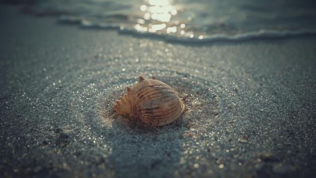 Close-up of a seashell resting on wet sand with gentle waves lapping in the background at sunset photo