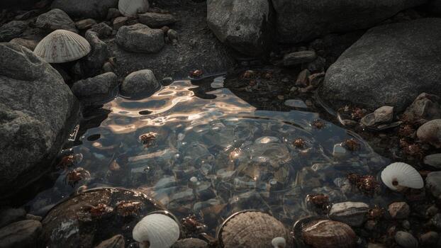 Tranquil tide pool surrounded by rocks and shells, with crabs exploring the water's edge photo