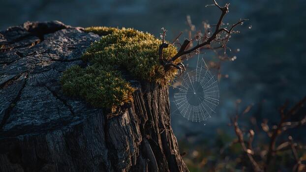 Close-up of a moss-covered tree stump with dew drops and a delicate spider web in the morning light photo