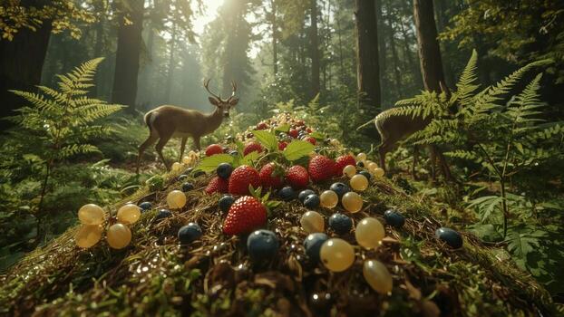 Deer foraging in a lush forest with a vibrant array of berries scattered on a mossy log photo