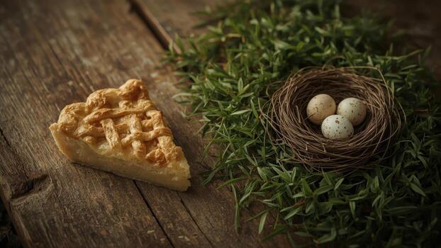A rustic wooden table featuring a slice of pie next to a nest with speckled eggs surrounded by greenery photo