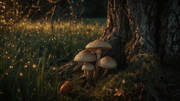 Mushrooms growing at the base of a tree in a sunlit field with sparkling background bokeh photo