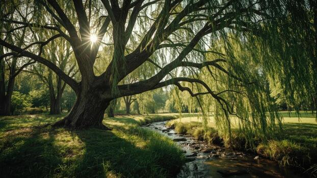 Majestic willow tree casting shadows over a serene stream in a tranquil park setting photo