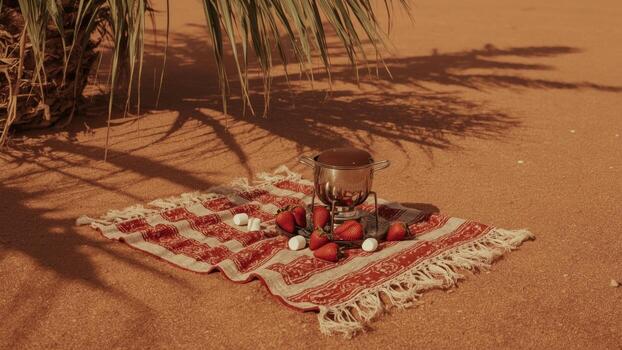un acogedor picnic preparar presentando un maceta de chocolate salsa rodeado por Fresco fresas y Malvaviscos en un estampado cobija en un arenoso Desierto ambiente con palma oscuridad foto
