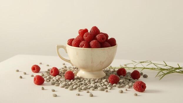 Bowl of fresh raspberries placed on a minimalist surface with pebbles and greenery in the background photo