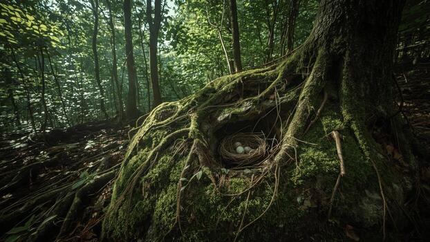Nest with eggs nestled in the roots of a tree surrounded by lush greenery and soft light filtering through photo