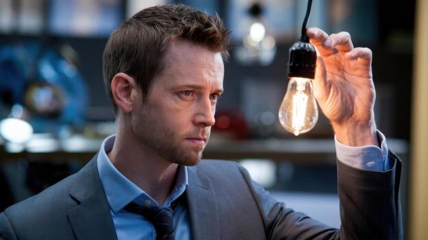 A businessman examining a hanging light bulb in a modern workspace. photo