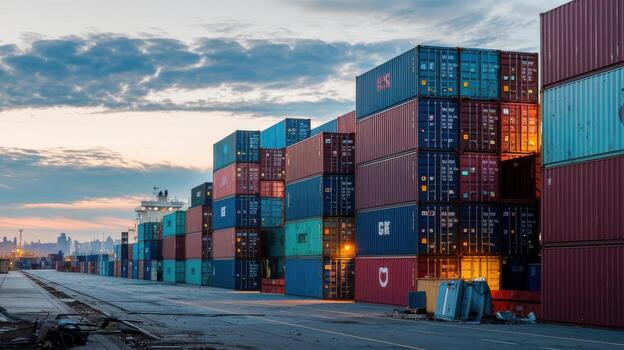 Container ships stacked at a port during sunset, colorful containers and cloudy sky. photo