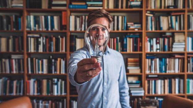 Man holding a light bulb in a library with shelves full of books. photo