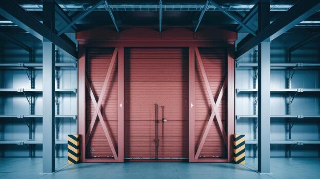 Warehouse interior with a large red loading door and empty shelves, blue lighting. photo