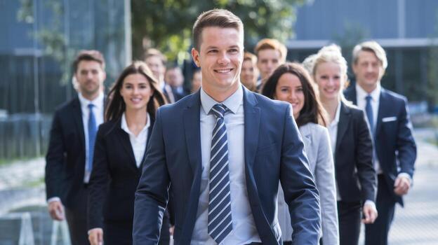 Group of professionals walking confidently in a modern urban setting. photo