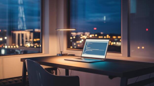 Modern workspace with a laptop illuminated at night, city lights in the background. photo