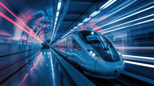 High-speed train in motion, dynamic blur effect, modern railway experience. photo