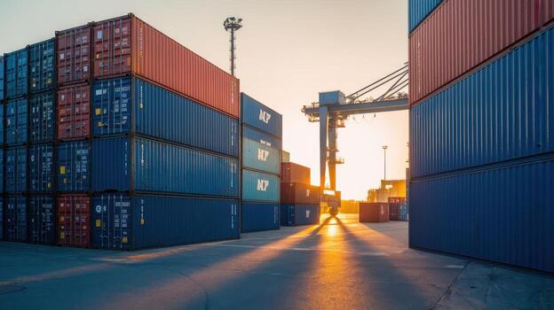 Container terminal at sunset with stacks of cargo containers and crane machinery. photo