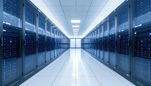 A long hallway with rows of servers in a data center photo