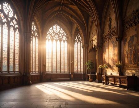 Sunlit chamber in old Gothic building features high arched windows casting warm light across stone floor, creating serene and inviting atmosphere photo