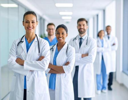 Diverse group of medical professionals stands confidently in modern healthcare setting, showcasing teamwork and dedication to patient care. Their expressions reflect professionalism and commitment photo