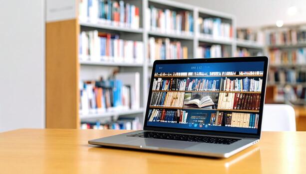Laptop in library with books photo