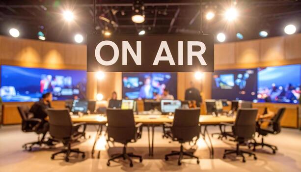 Vibrant studio filled with energy, featuring ON AIR sign prominently displayed. warm glow of lights enhances atmosphere, while multiple screens showcase live broadcasts, creating dynamic photo