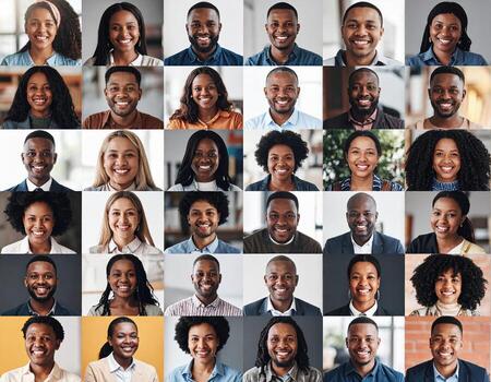 Diverse individuals smiling in collage showcasing various expressions and styles, reflecting joy and connection photo