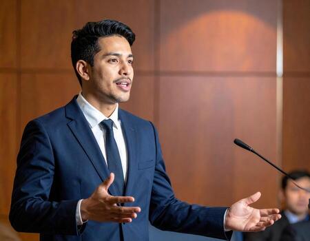 Confident business executive clad in tailored suit delivers captivating presentation with enthusiasm and poise photo
