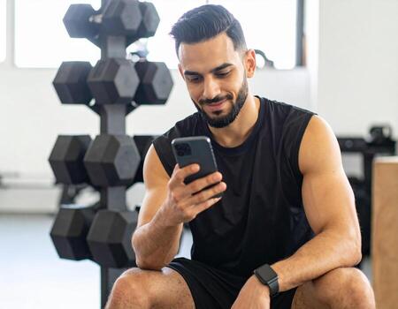 A man sitting on a bench in a gym using his phone photo